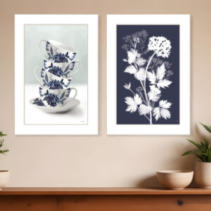 Set Of Two Tea Towers with Flowers Blue White Framed Print Kitchen Wall Art