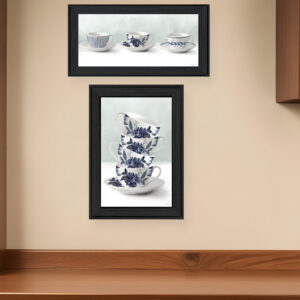 Set Of Two Tea tower with Cups and Sauces Black Framed Print Kitchen Wall Art