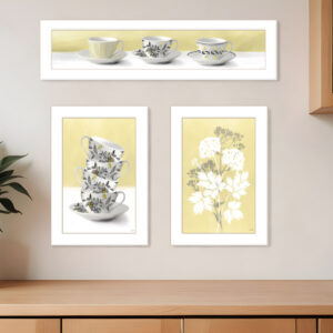 Set Of Three Tea Cups and Yellow Flowers White Framed Print Kitchen Wall Art