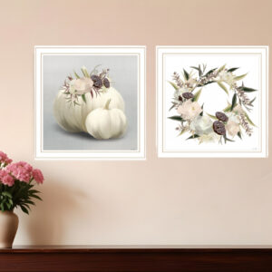 Set Of Two BOHO Pumpkins and Flowers  White Framed Print Wall Art