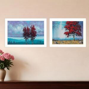 Set Of Two Red Trees  White Framed Print Wall Art