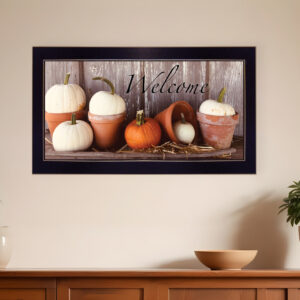 Welcome Pumpkin Shelf  Black Framed Print Wall Art