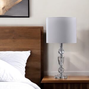 24" Clear And Silver Faux Crystal And Metal Table Lamp With White Drum Shade