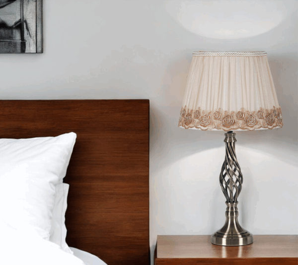 23" Antiqued Brass Metal Novelty Bedside Lamp With Brown and White Empire Shade
