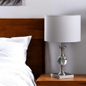 20" Silver Bedside Table Lamp With White Drum Shade