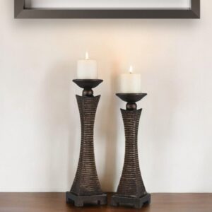 Set of Two Bronze Polyresin Woven Tabletop Pillar Candle Holders With Candle