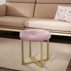 17" Pink Tufted Velvet and Gold Stool
