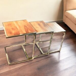 Set of Three Stylish Wood and Metal C Shaped Nesting End Tables