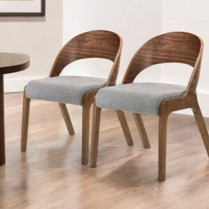 Set of Two Gray and Brown Upholstered Fabric Curved Back Dining Side Chairs