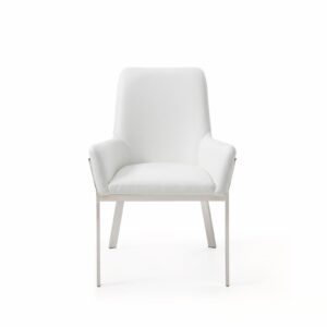 White and Silver Upholstered Faux Leather Dining Arm Chair