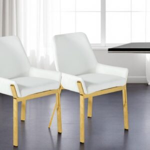 White and Gold Upholstered Faux Leather Dining Arm Chair