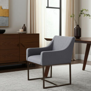Gray and Antiqued Brass Upholstered Fabric Dining Arm Chair