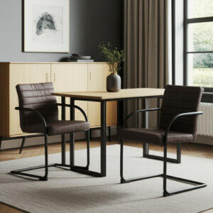Set of Two Brown and Black Upholstered Faux Leather Dining Arm Chairs