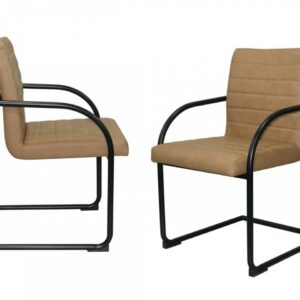 Set of Two Tan and Black Upholstered Faux Leather Dining Arm Chairs