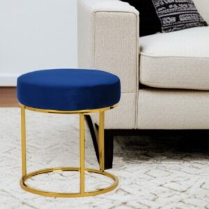 16" Blue Velvet And Gold Round Footstool Ottoman