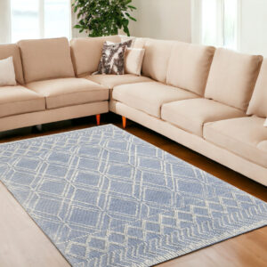 6' X 9' Blue and Ivory Geometric Handmade Area Rug