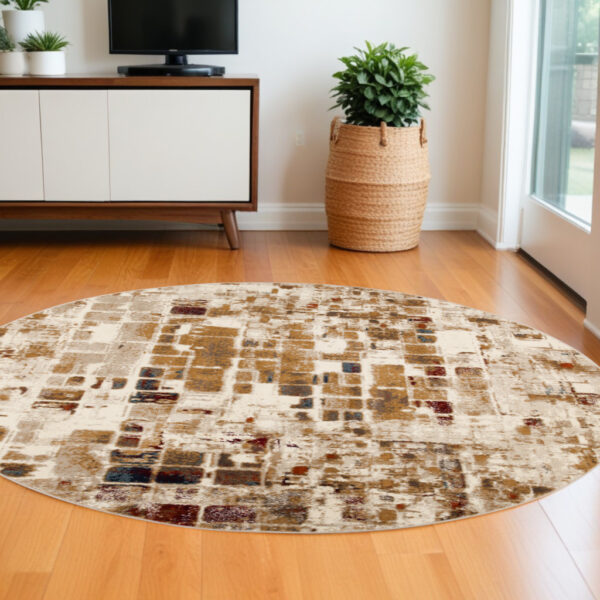 8' Natural Round Abstract Tiles Area Rug