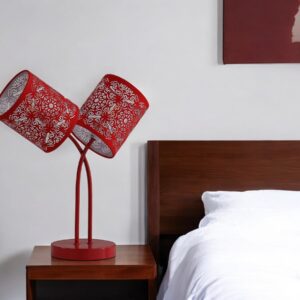 17" Red Metal Two Light Table Lamp With Red Abstract Drum Shade