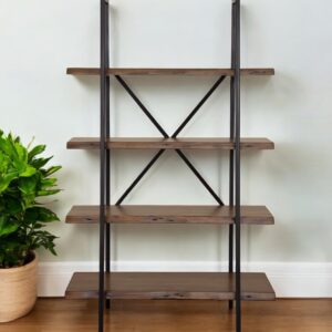 79" Black And Brown Metal and Solid Wood Four Tier Step Bookcase