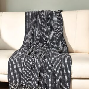 52" X 67" Black and White Woven Cotton Striped Throw Blanket with Tassels