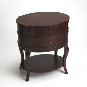 26" Dark Brown And Cherry Solid And Manufactured Wood Oval End Table With Two Drawers And Shelf
