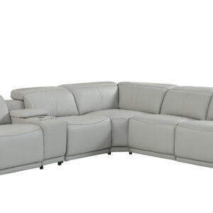 Light Gray Italian Leather Power Reclining U Shaped Six Piece Corner Sectional With Console