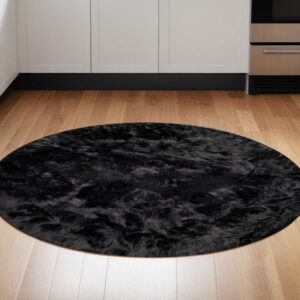 6' X 6' Black Round Faux Fur Washable Non Skid Area Rug