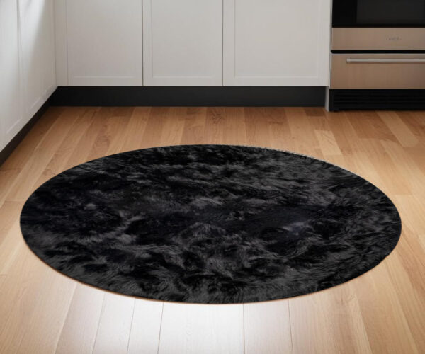 6' X 6' Black Round Faux Fur Washable Non Skid Area Rug
