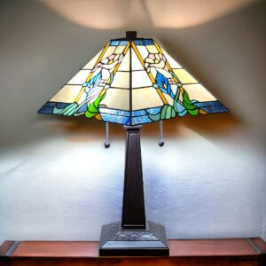 22" Dark Brown Metal Two Light Candlestick Table Lamp With Blue and Beige Shade