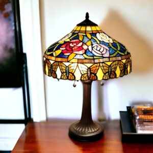 23" Dark Brown Metal Two Light Candlestick Table Lamp With Red and Black Shade