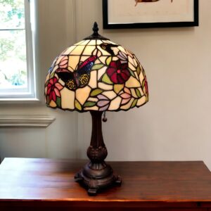 19" Dark Brown Metal Candlestick Table Lamp With Red and Black Dome Shade