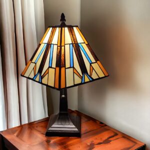 15" Dark Brown Metal Candlestick Table Lamp With Orange and Ivory Empire Shade