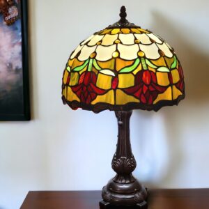 19" Dark Brown Metal Candlestick Table Lamp With Orange Dome Shade