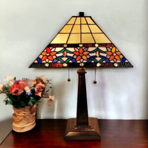 22" Dark Brown Metal Two Light Candlestick Table Lamp With Orange Empire Shade