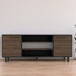 59" Brown And Black Particle Board Open Shelving TV Stand