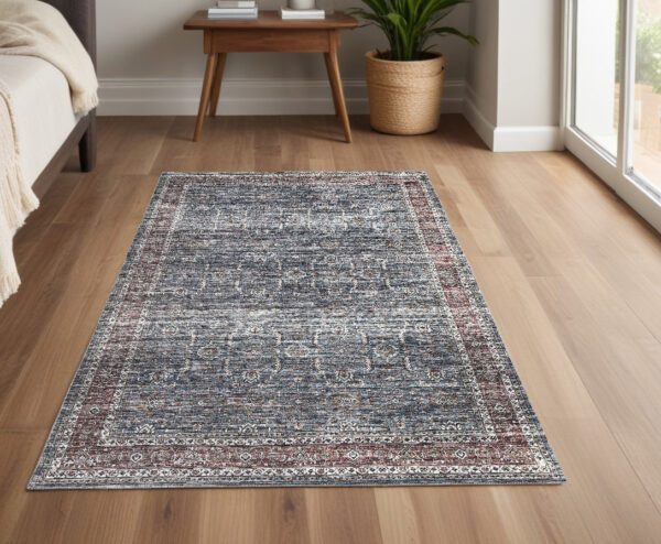 4' X 6' Blue Oriental Distressed Stain Resistant Area Rug - Image 2