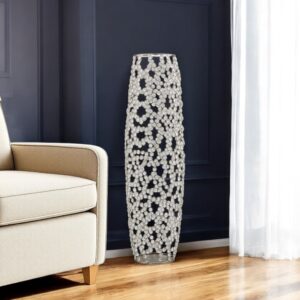 32" Silver Cylinder Crystal Glass Floor Vase With Faux Crystals