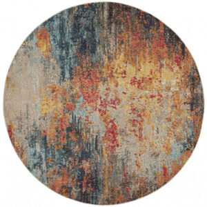 8' Blue And Orange Abstract Round Rug