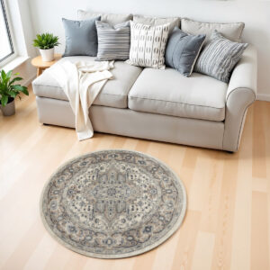 4' Ivory And Gray Oriental Distressed Round Rug