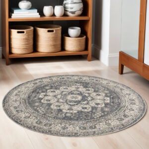 5' Gray And Ivory Oriental Distressed Round Rug