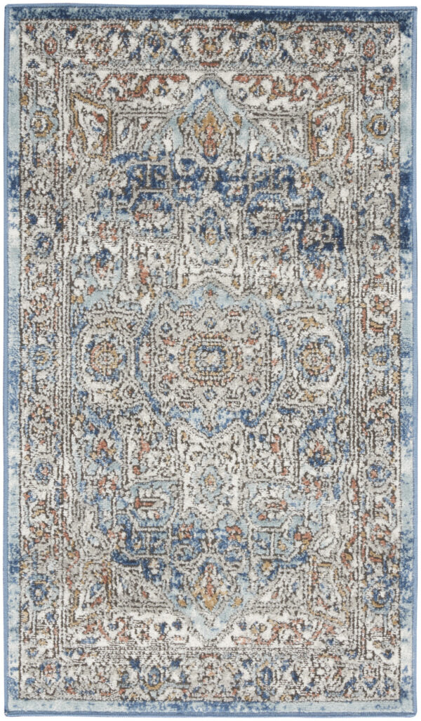 2' X 4' Ivory And Blue Oriental Power Loom Non Skid Area Rug