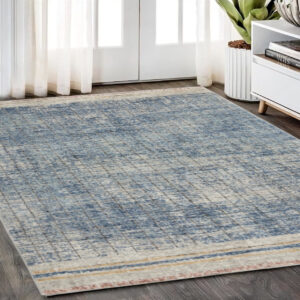 5' X 7' Blue Abstract Power Loom Distressed Non Skid Area Rug