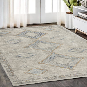 5' X 7' Ivory Grey And Blue Southwestern Power Loom Non Skid Area Rug