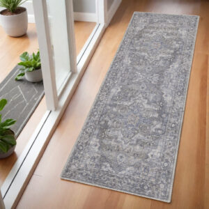 6' Gray And Blue Oriental Distressed Washable Runner Rug