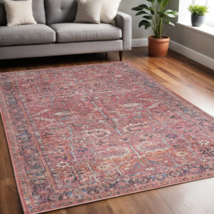 5' X 7' Pink And Blue Oriental Distressed Washable Area Rug