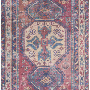 4' X 6' Red And Navy Oriental Power Loom Distressed Washable Area Rug
