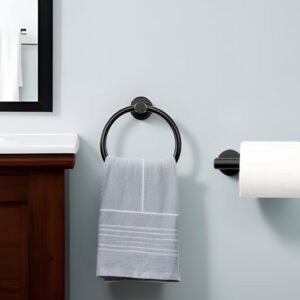 Set of Two Black Stainless Steel Wall Mount Towel Ring and Toilet Paper Holder