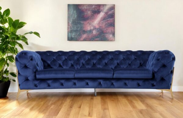 97" Blue Velvet Sofa With Gold Legs