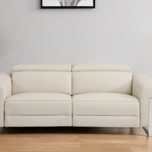 83" Beige Italian Leather USB Reclining Sofa With Silver Legs