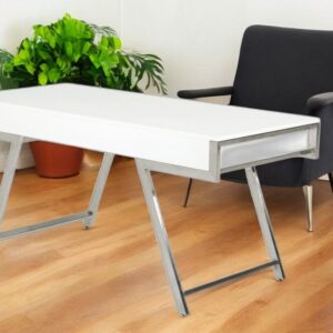63" White and Silver Writing Desk With Three Drawers